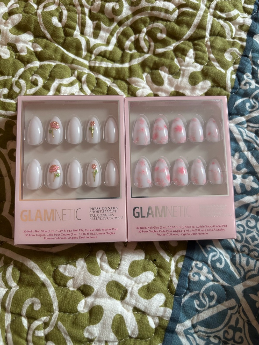 GLAMnetic Pink & White Press-On Nail Set — Floral and Marble Styles
